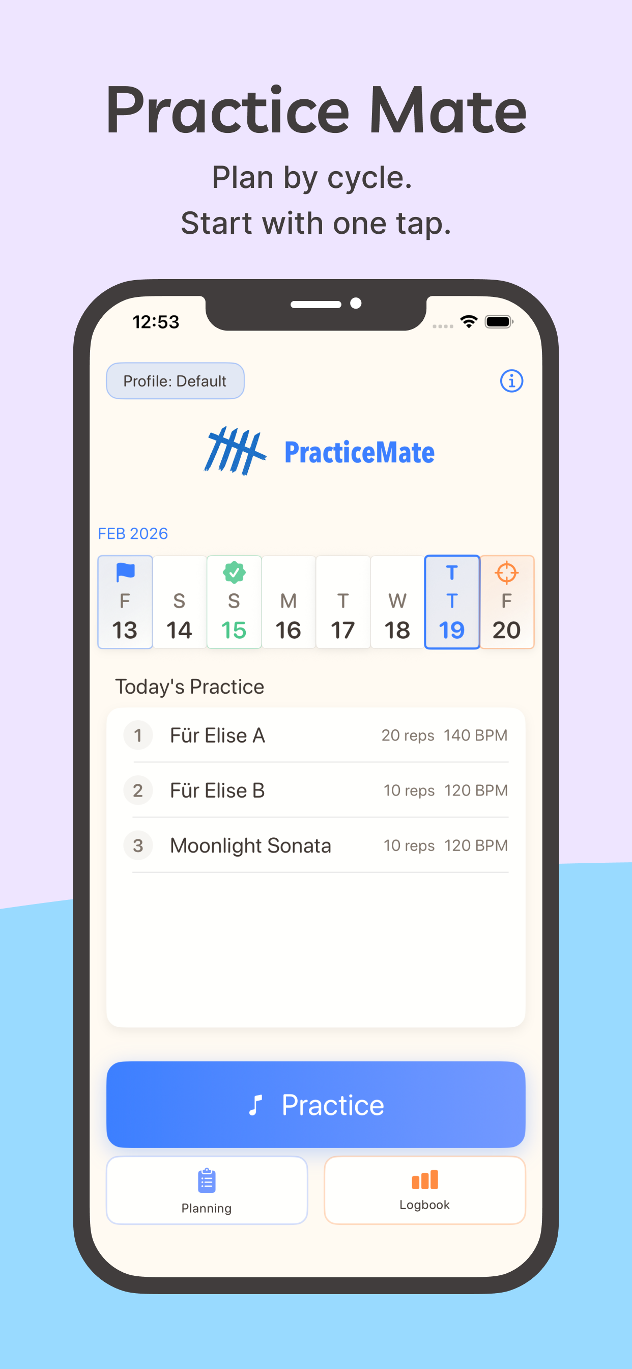 Trek – home screen with calendar and practice items